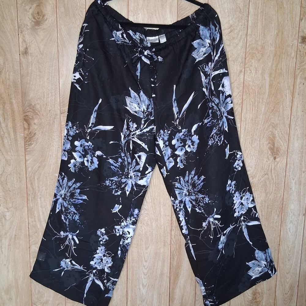 Chico's Linen Blend Black & Blue Floral Print Wide Leg Pant Tie Waist Pockets